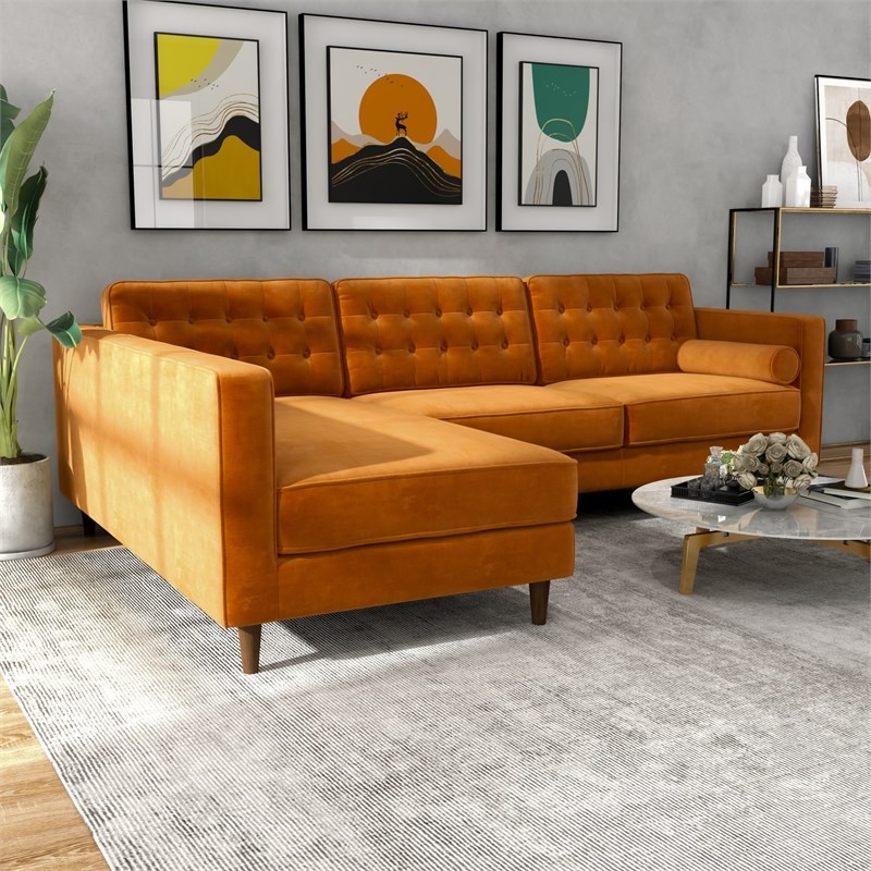 Mid Century Modern Owen Orange Velvet, Mid Century Modern Milton Tan Leather Sectional Sofa