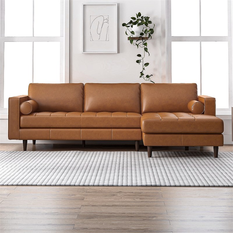 Demi Mid-Century L-Shaped Cushion Back Leather Right-Facing Sectional in Tan