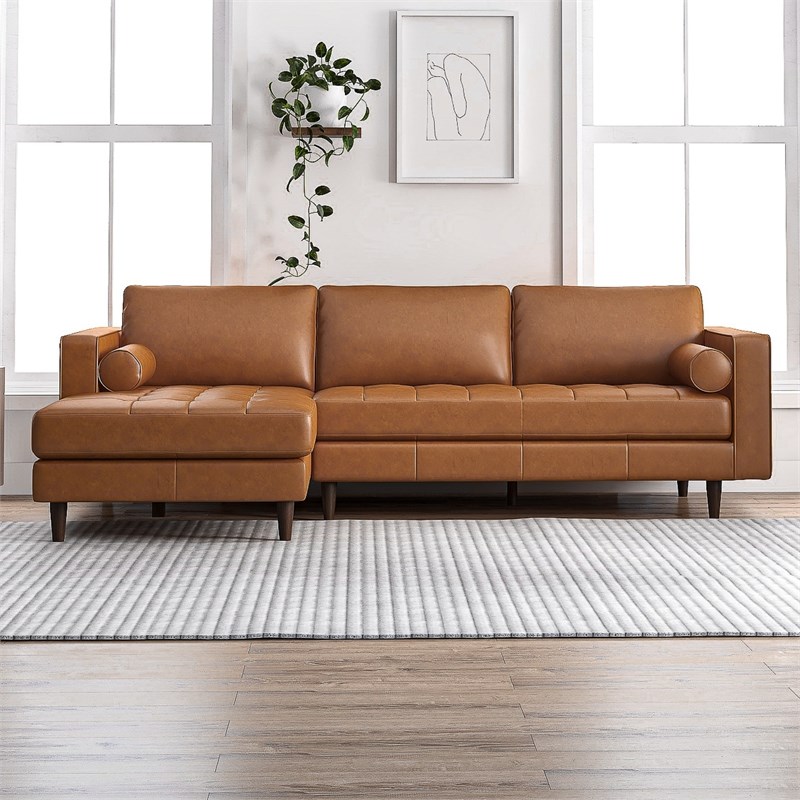 Demi Mid-Century L-Shaped Cushion Back Leather Left-Facing Sectional in Tan