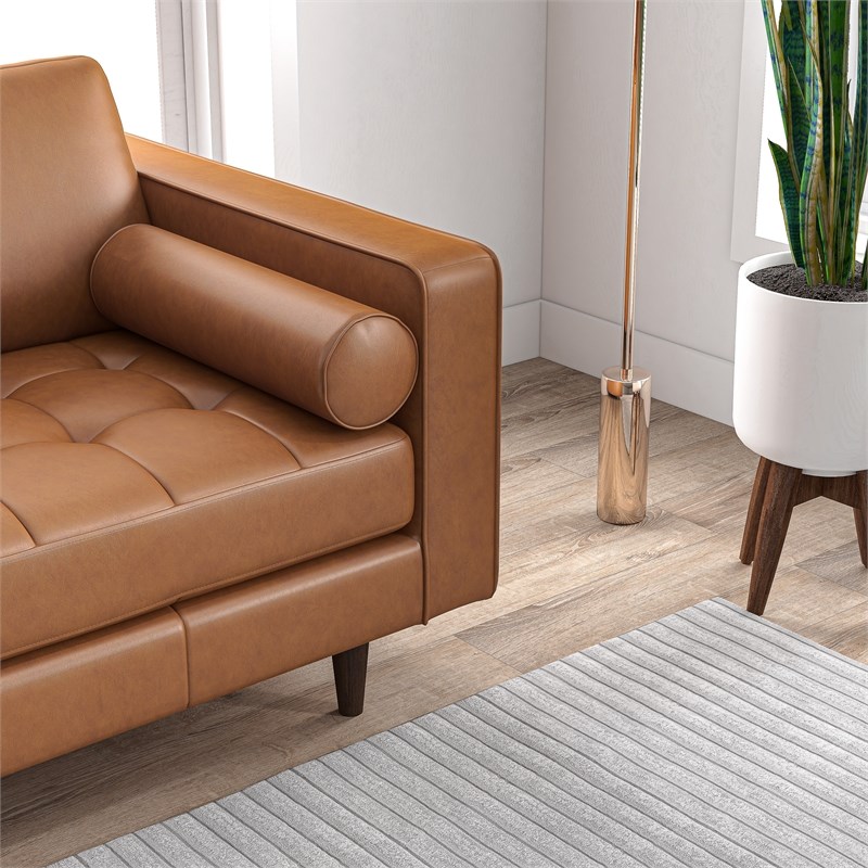 Demi Mid-Century L-Shaped Cushion Back Leather Left-Facing Sectional in Tan