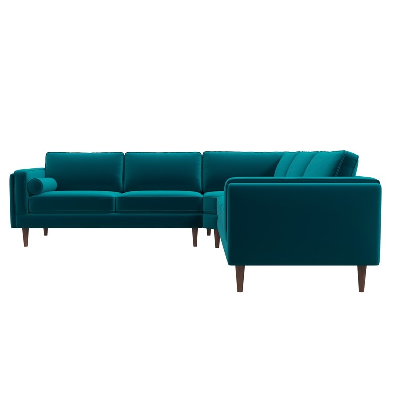 Hudson Mid-Century Modern Symmetrical Pillow Back Velvet Corner Sofa in Teal