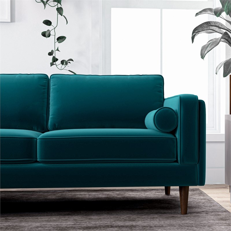 Hudson Mid-Century Modern Symmetrical Pillow Back Velvet Corner Sofa in Teal