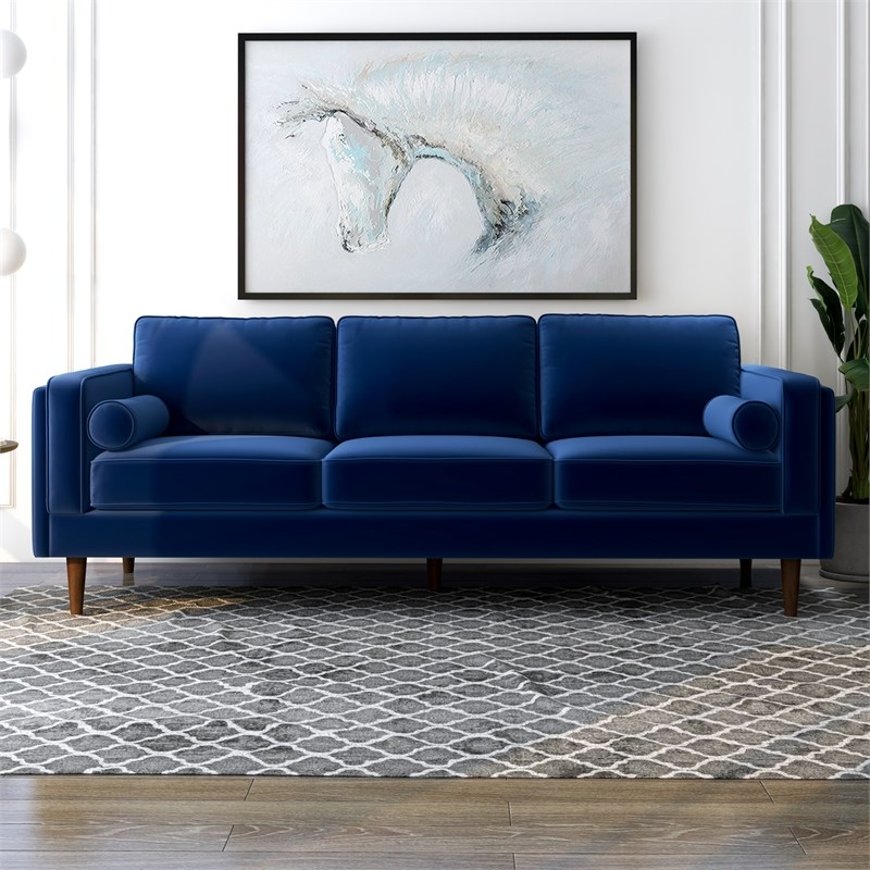 Mid Century Modern Hudson Blue Velvet Sofa