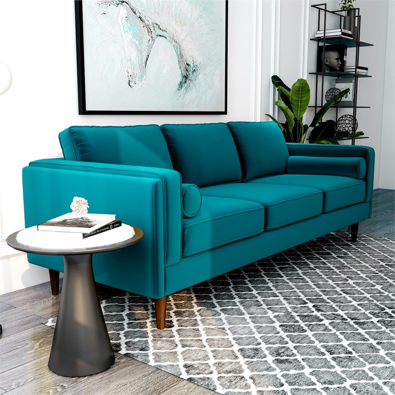 Hudson Mid-Century Modern Pillow Back Velvet Sofa in Turquoise