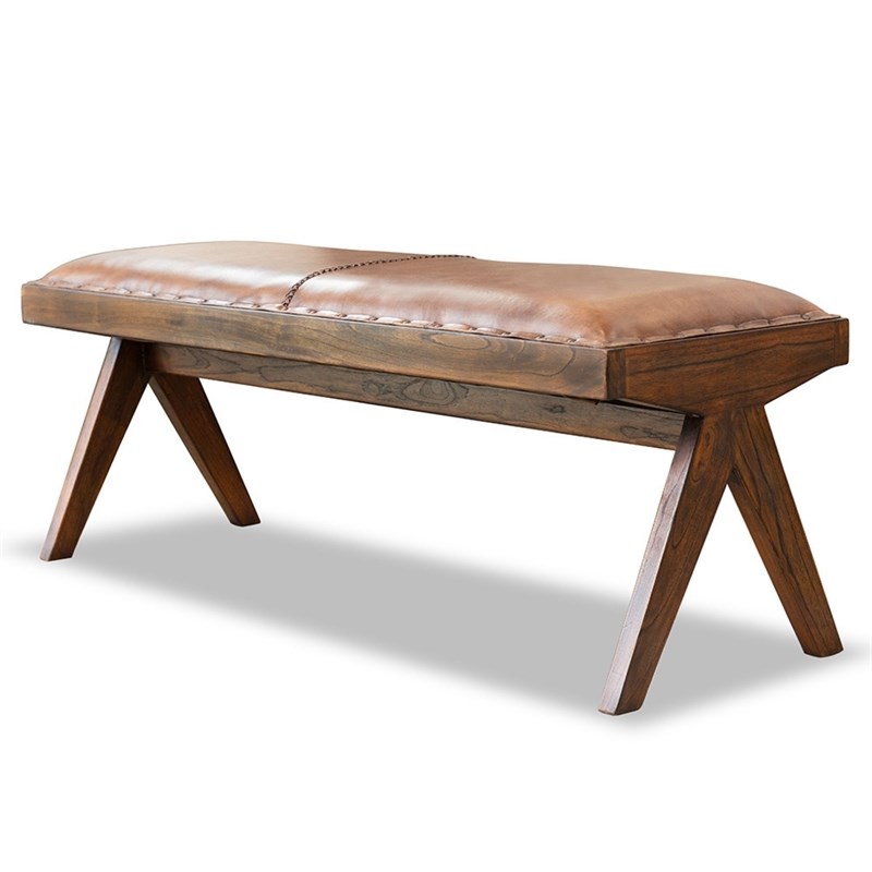 Tampa Mid-Century Modern Genuine Leather Button-Tufted Upholstered Bench in Tan