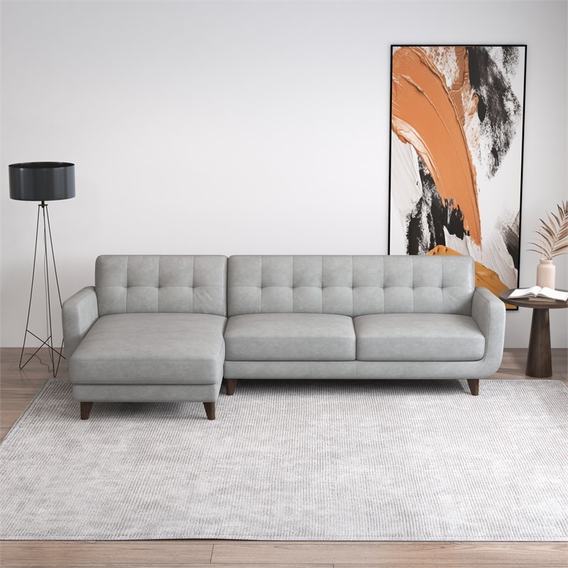 Elva Modern Living Room Top Leather Corner Sectional Couch in Gray