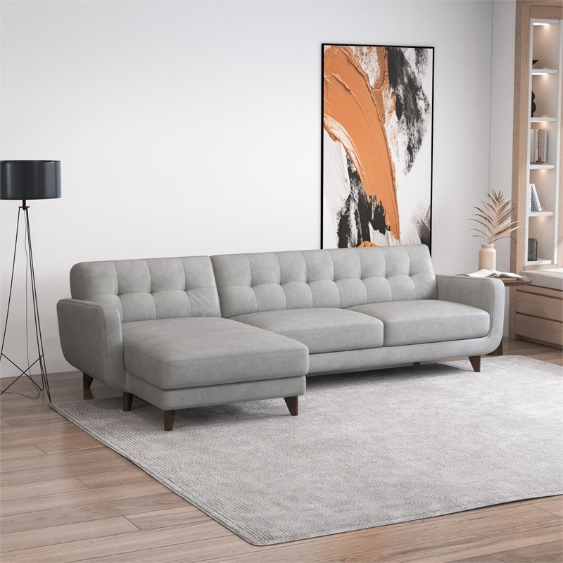 Elva Modern Living Room Top Leather Corner Sectional Couch in Gray