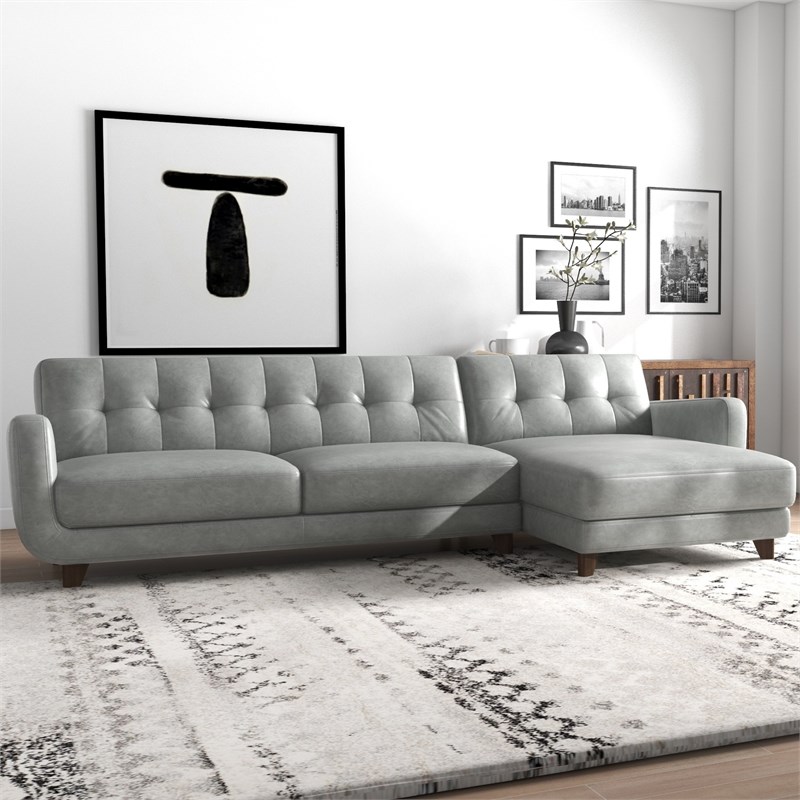 Elva Mid-Century L-Shaped Tight Back Leather Right-Facing Sectional in Gray