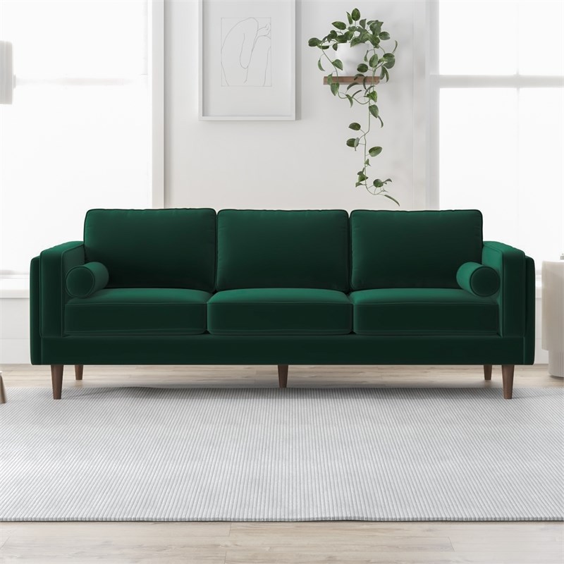 Hudson Mid-Century Modern Pillow Back Velvet Sofa in Green