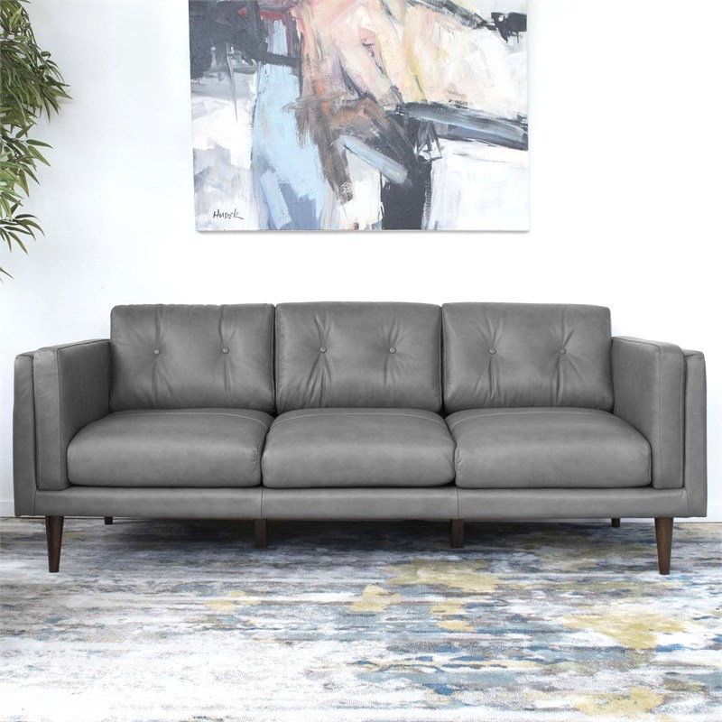 Tessa Mid-Century Modern Cushion Back Genuine Leather Sofa in Gray