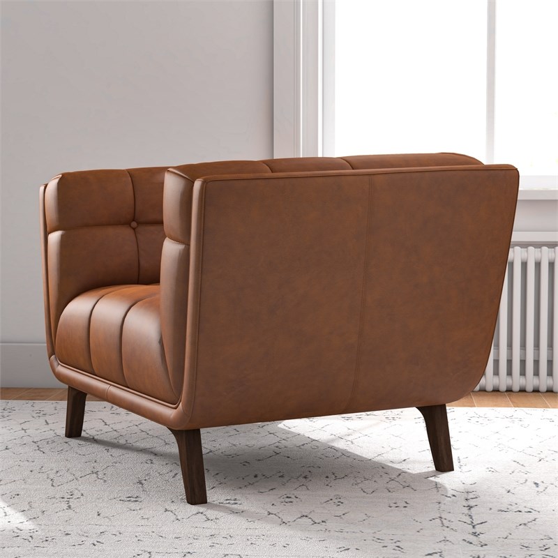 Allen Mid-Century Tight Back Genuine Leather Upholstered Armchair in Tan