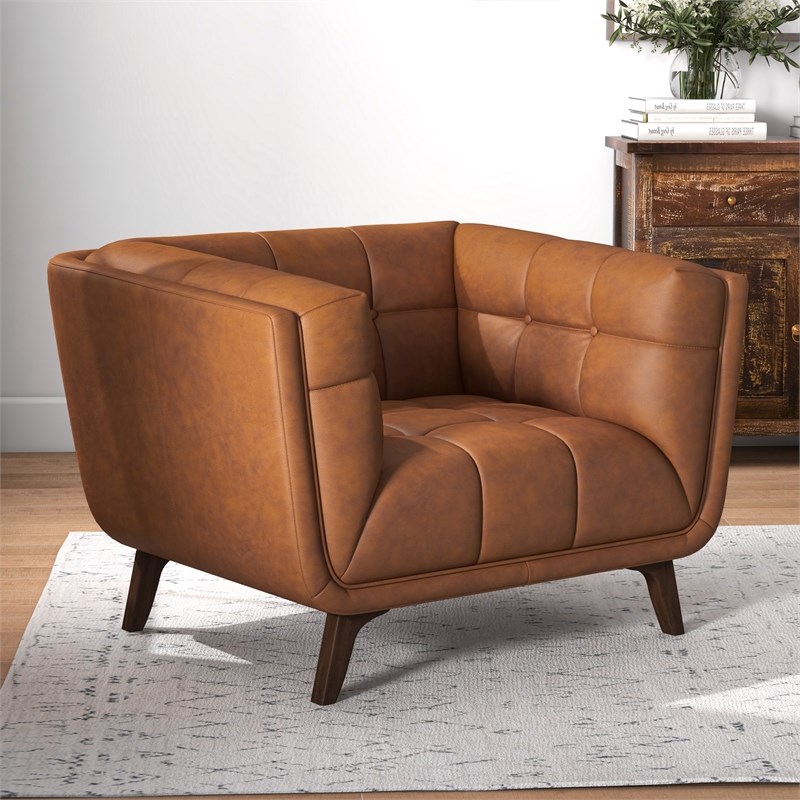 Allen Mid-Century Tight Back Genuine Leather Upholstered Armchair in Tan