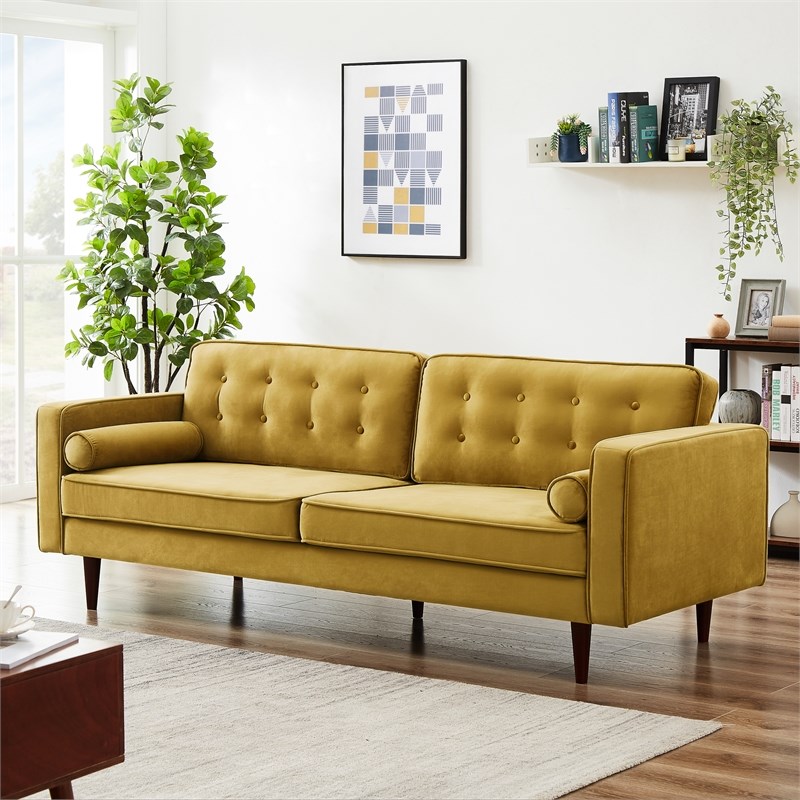 Harriet Mid-Century Modern Tufted Back Velvet Sofa in Gold