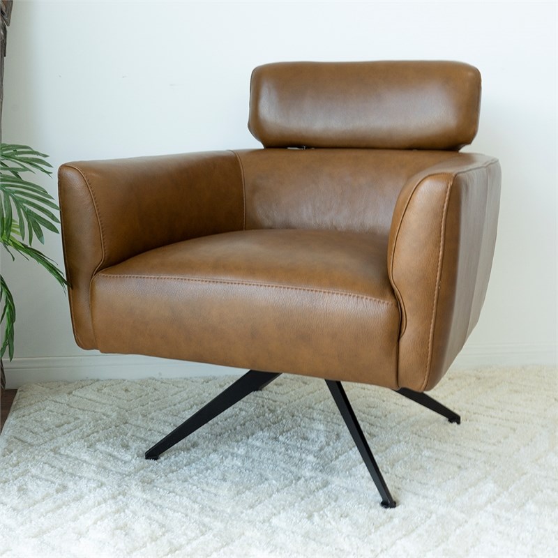 Abel MidCentury Modern Tight Back Genuine Leather Swivel Chair in Tan