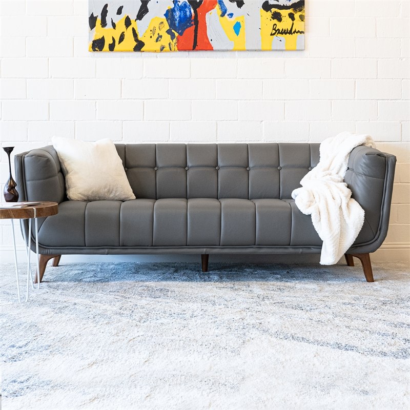 Allen Mid-Century Modern Tufted Back Genuine Leather Sofa in Gray