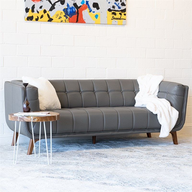 Allen Mid-Century Modern Tufted Back Genuine Leather Sofa in Gray