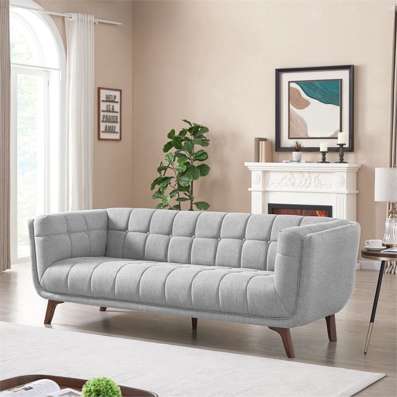 Allen Mid-Century Modern Tufted Back Fabric Sofa in Light Gray