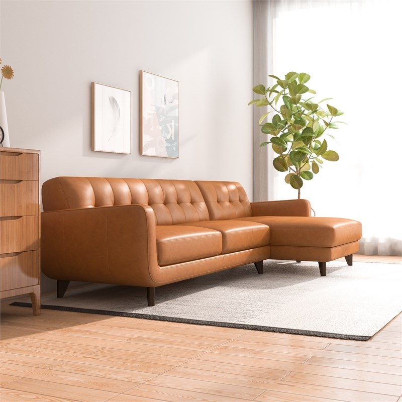 Elva Modern Living Room Top Leather Corner Sectional Couch in Brown