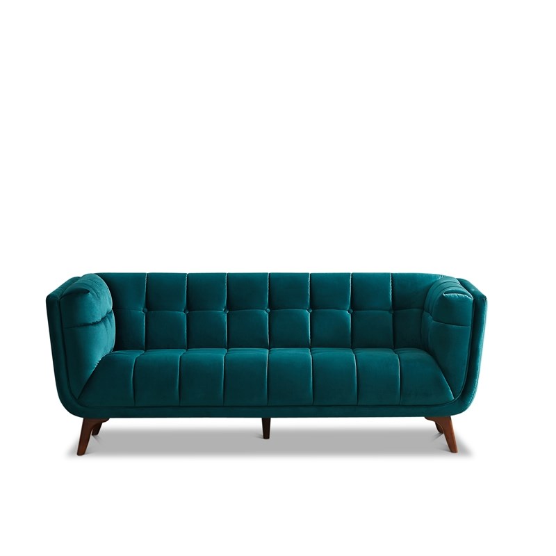 Allen Mid Century Modern Tufted Back, Tufted Aqua Blue Velvet Sofa