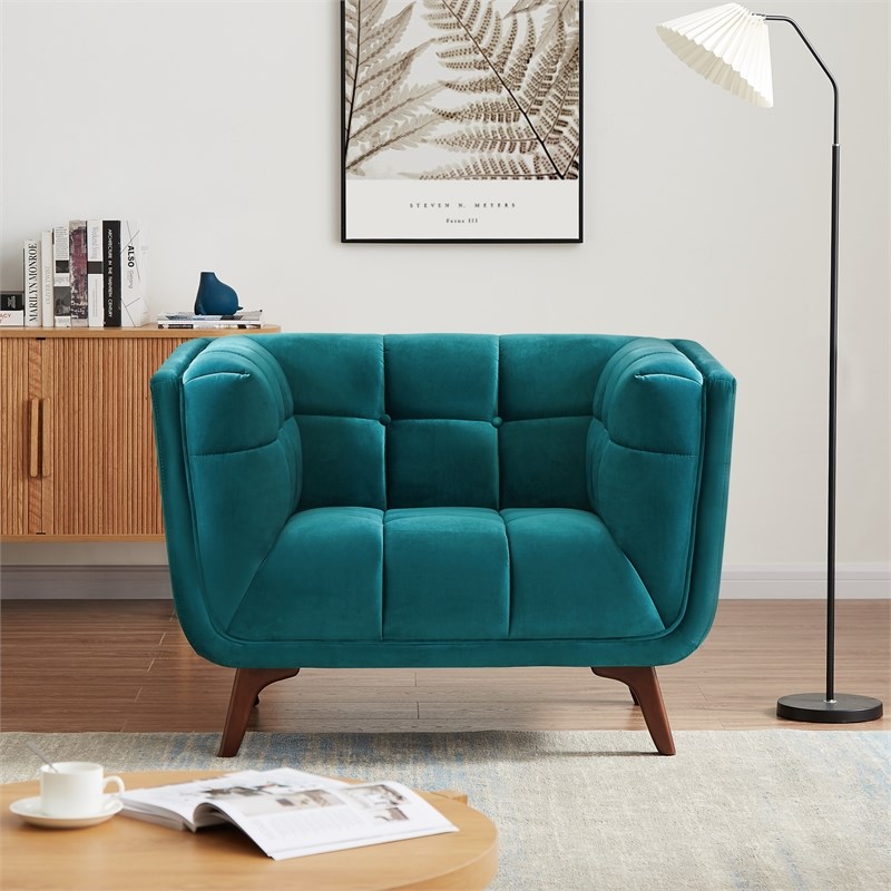 Allen Mid-Century Modern Tight Back Velvet Upholstered Armchair in Teal