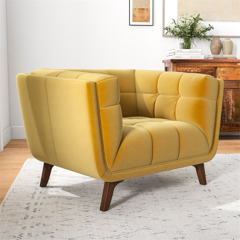 Allen Mid-Century Modern Tight Back Velvet Upholstered Armchair in Gold