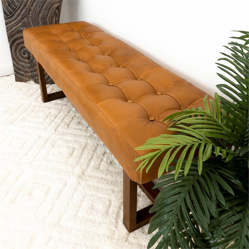Espresso Mid-Century Button-Tufted Genuine Leather Upholstered Bench in Tan