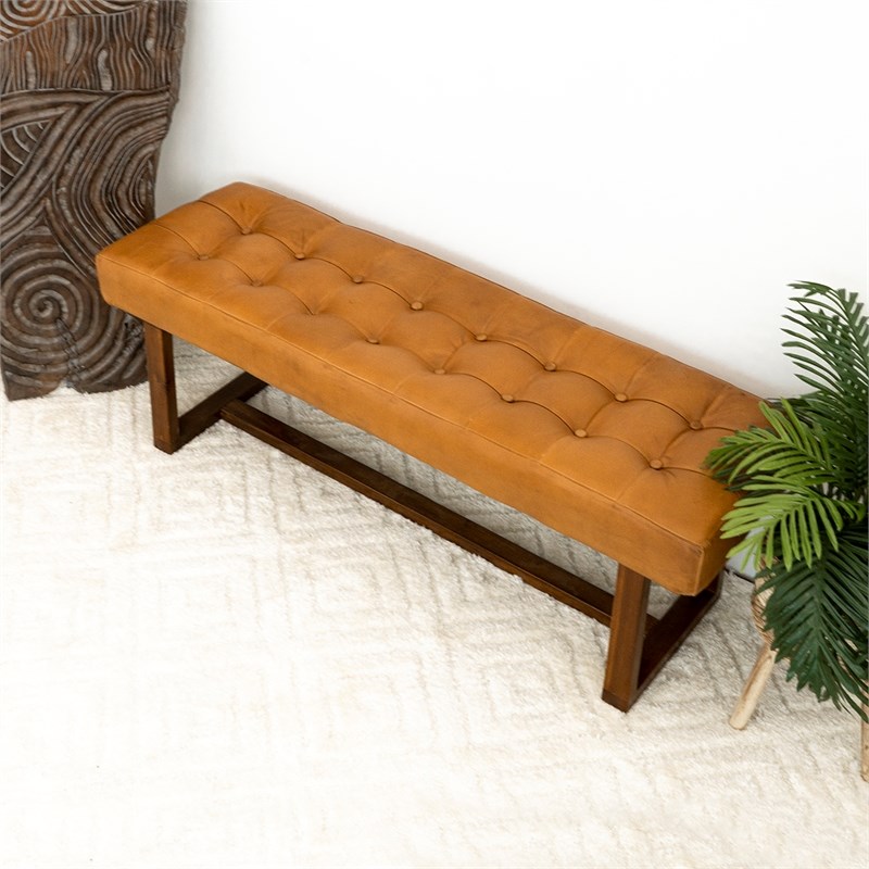 Espresso Mid-Century Button-Tufted Genuine Leather Upholstered Bench in Tan