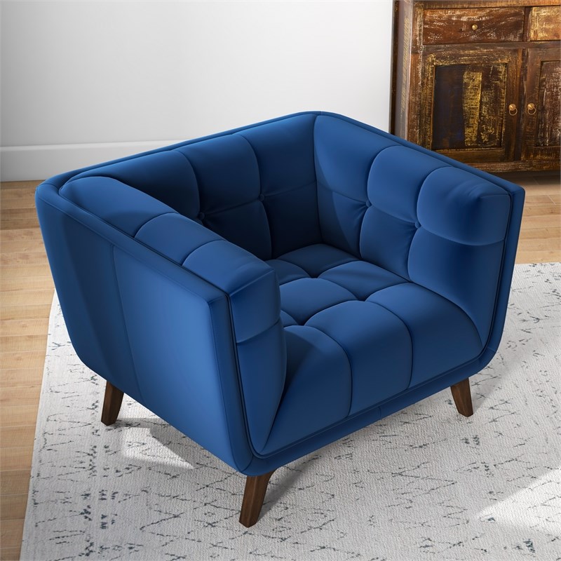 Allen Mid-Century Modern Tight Back Velvet Upholstered Armchair in Blue