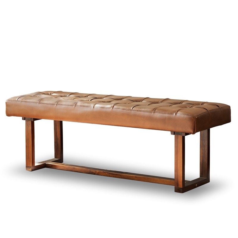 Espresso Mid-Century Button-Tufted Genuine Leather Upholstered Bench Dark Tan