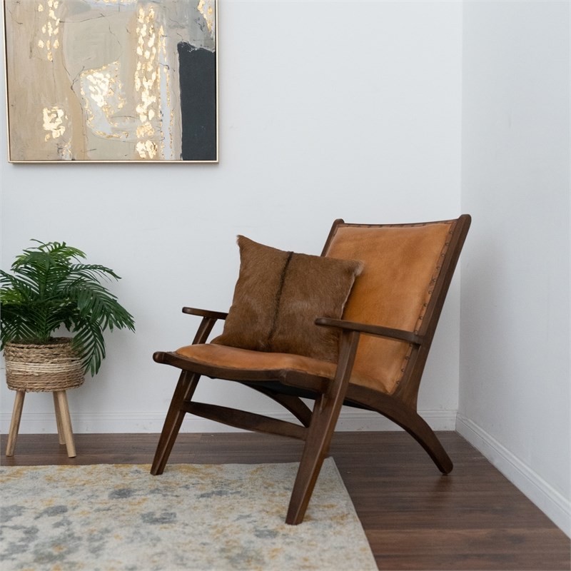 Margot Mid-Century Modern Tight Back Genuine Leather Lounge Chair in Dark Tan