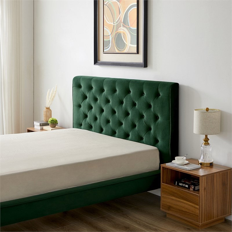 Alice Mid-Century Modern Velvet Upholstered Platform Bed Queen Size in Green