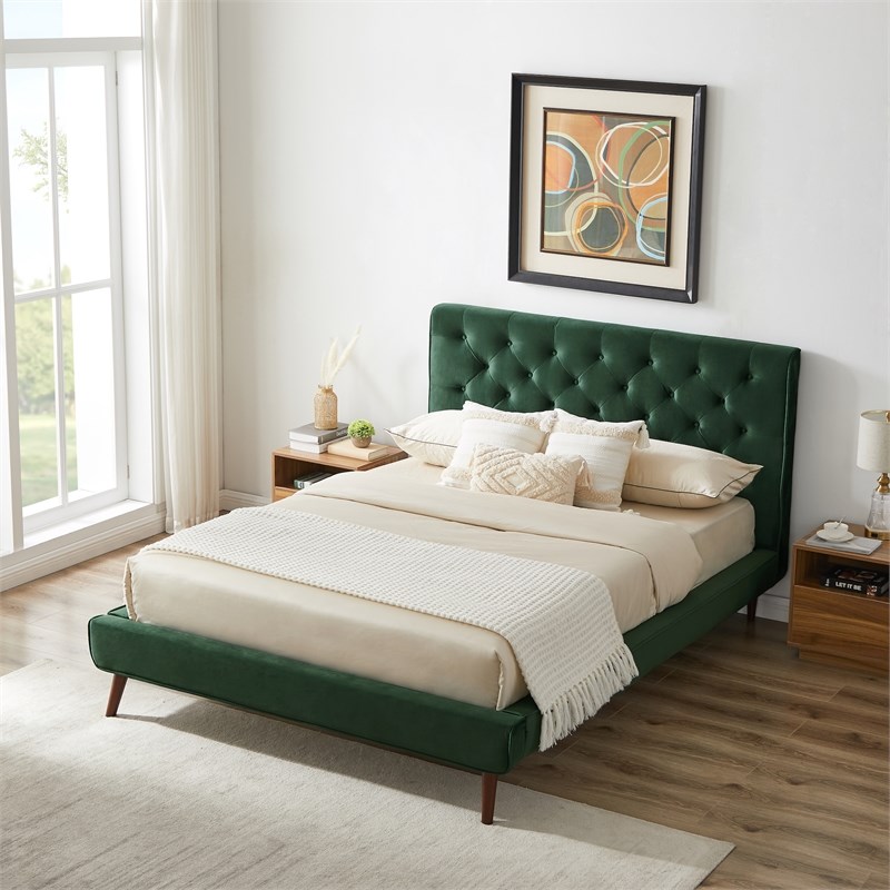 Alice Mid-Century Modern Velvet Upholstered Platform Bed Queen Size in Green