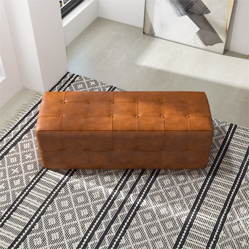 Bumble Mid-Century Modern Design Rectangular Genuine Leather Bench in Tan