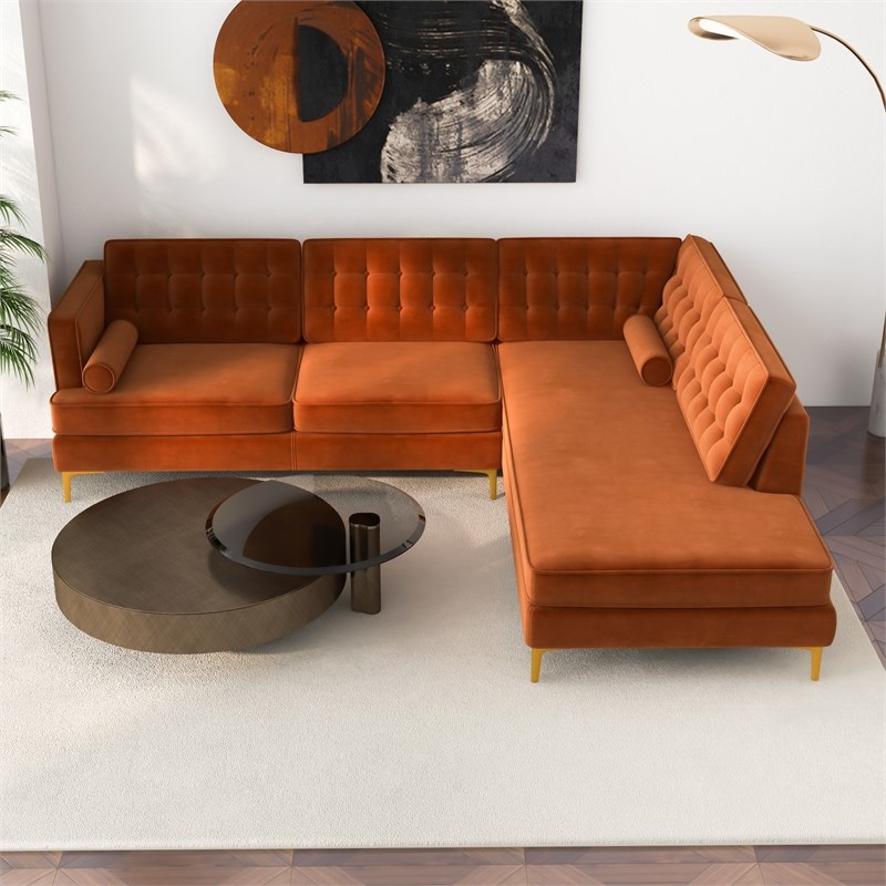 Kole Mid-Century Tufted Cushion Back Velvet right-facing Sectional in Orange