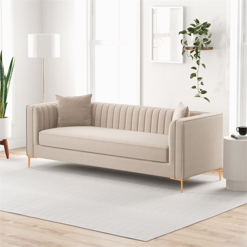 Kali Mid Century Modern Style Velvet Living Room Sofa in Cream | Homesquare