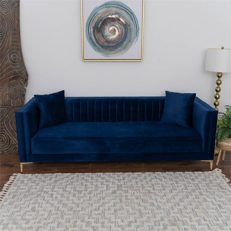 Kali Mid-Century Modern Tight Back Velvet Sofa in Dark Blue
