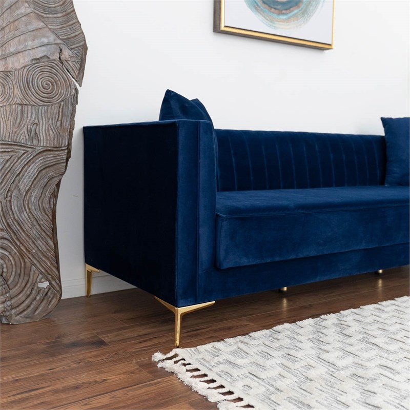 Kali Mid-Century Modern Tight Back Velvet Sofa in Dark Blue