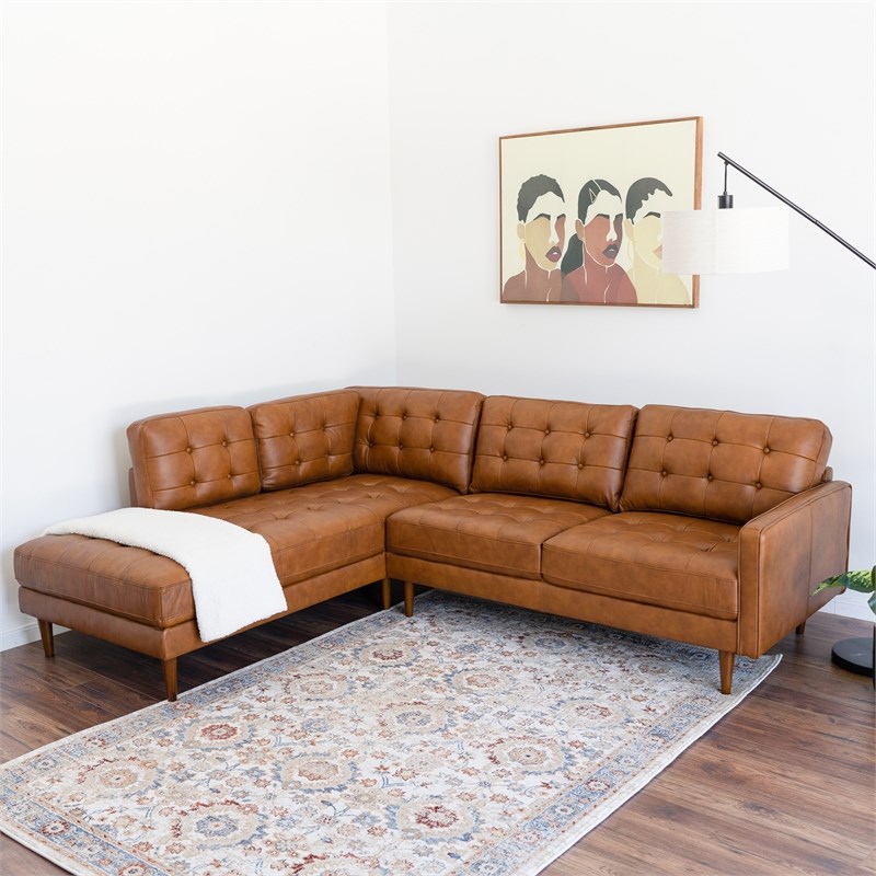 Lucille Modern Living Room Top Leather Corner Sectional Couch in Cognac Tan