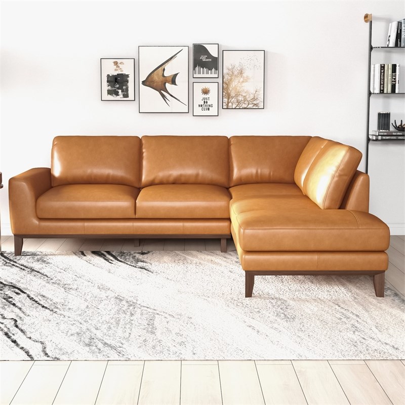 Mundo Mid-Century L-Shaped Tight Back Leather Right-Facing Sectional in Tan