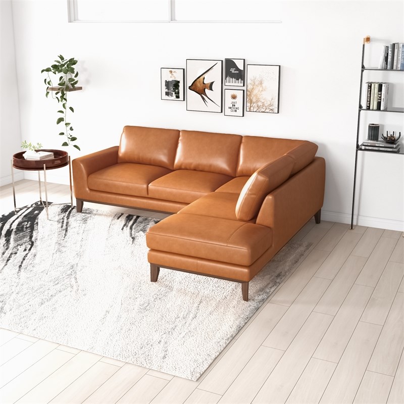 Mundo Mid-Century L-Shaped Tight Back Leather Right-Facing Sectional in Tan