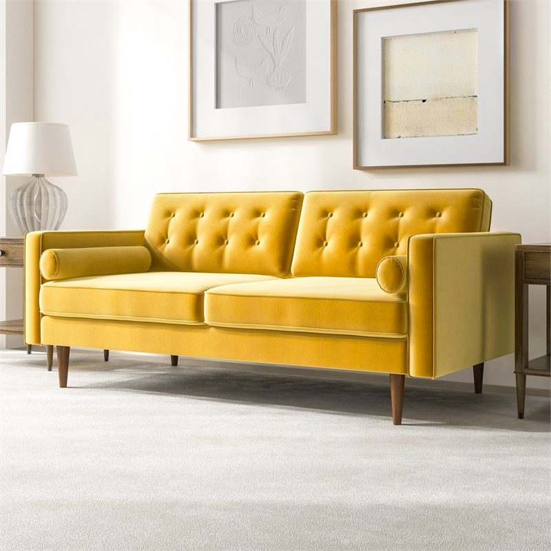 Harriet Mid-Century Modern Pillow Back Velvet Upholstered Loveseat in Yellow
