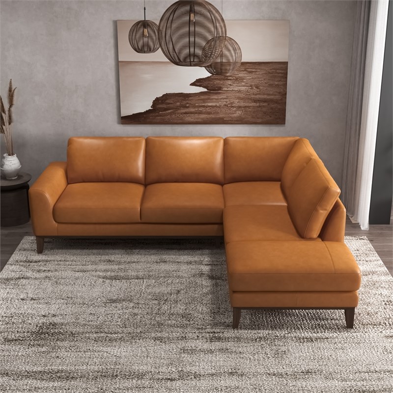 Milton Mid-Century Pillow Back Leather Right-Facing Upholstered Sectional in Tan