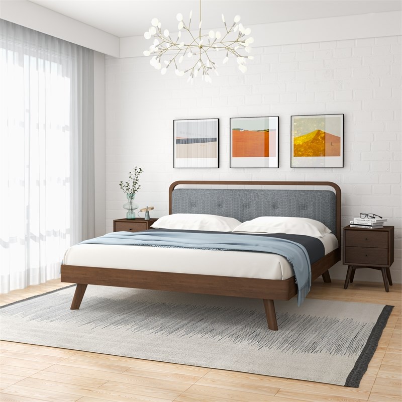 Destiny Mid Century Modern Gray Fabric Upholstered King Platform Bed