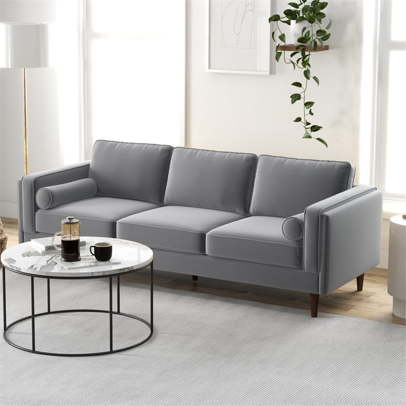 Ford Mid-Century Modern Pillow Back Velvet Upholstered Sofa in Gray