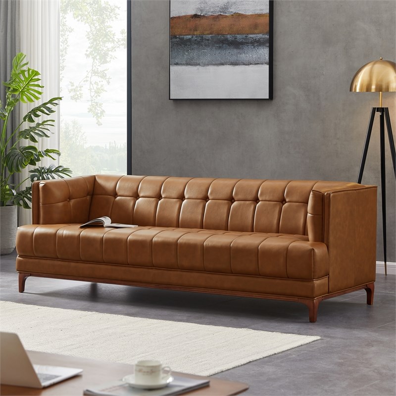 Kenora MidCentury Furniture Style Upholstered Leather Couch in Cognac