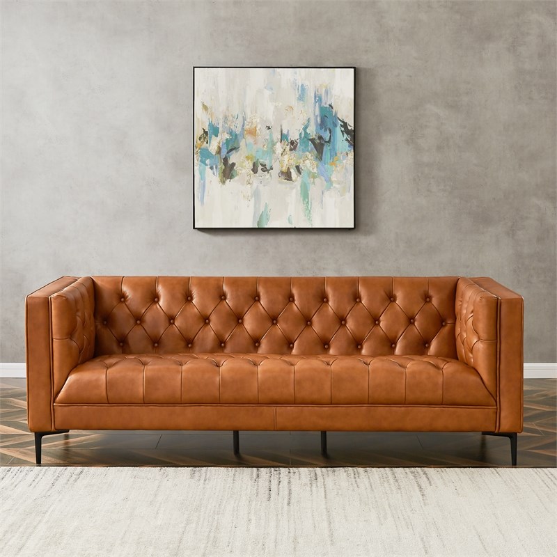 Clodine Mid Century Modern Tufted Leather Sofa Couch for Living Room Cognac Tan