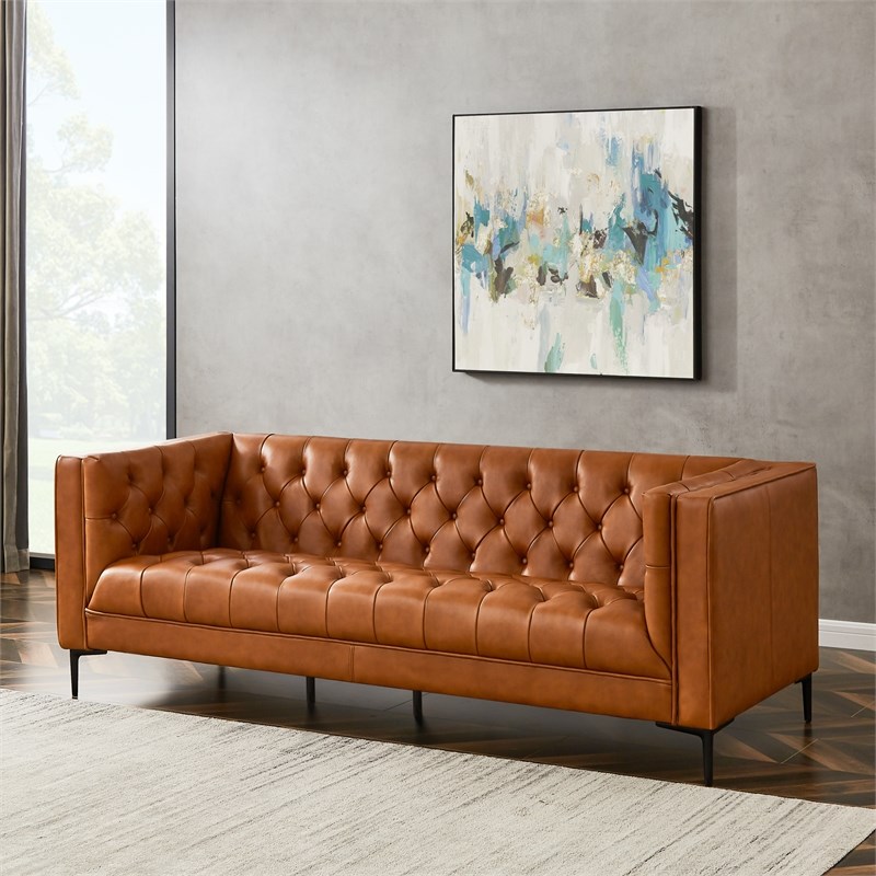 Clodine Mid Century Modern Tufted Leather Sofa Couch for Living Room Cognac Tan