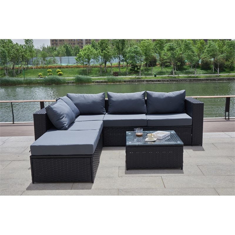 Kingway Furniture Venor Grey Wicker/Rattan Sectional with Glass top Coffee table