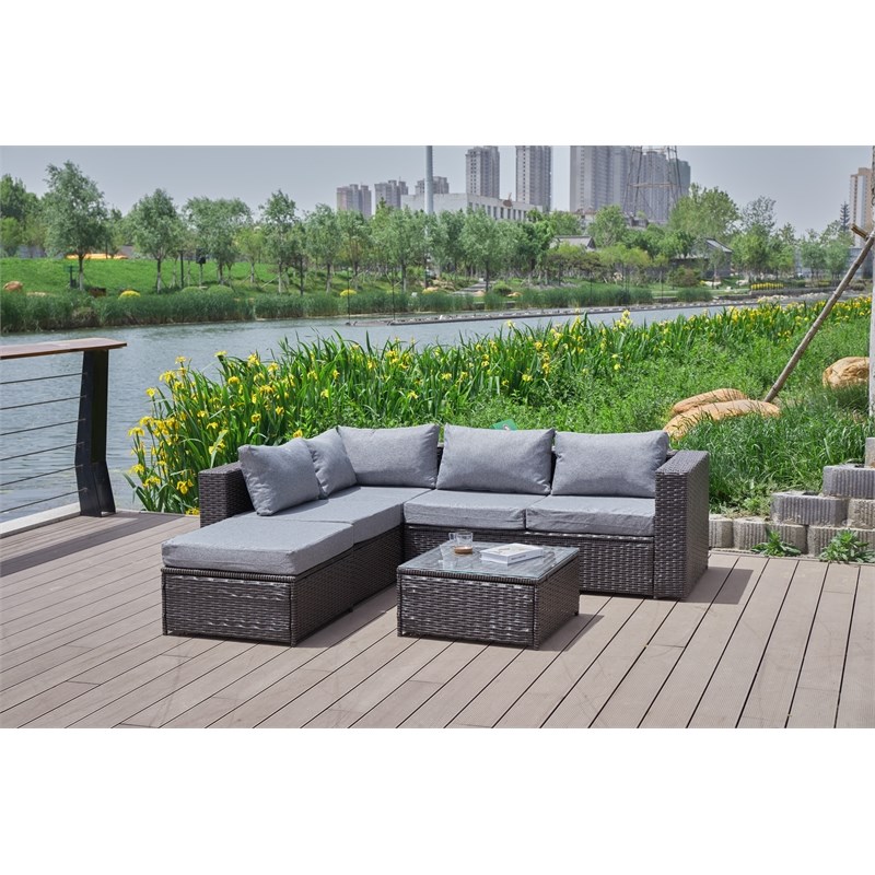 Kingway Furniture Venor Grey Wicker/Rattan Sectional with Glass top Coffee table