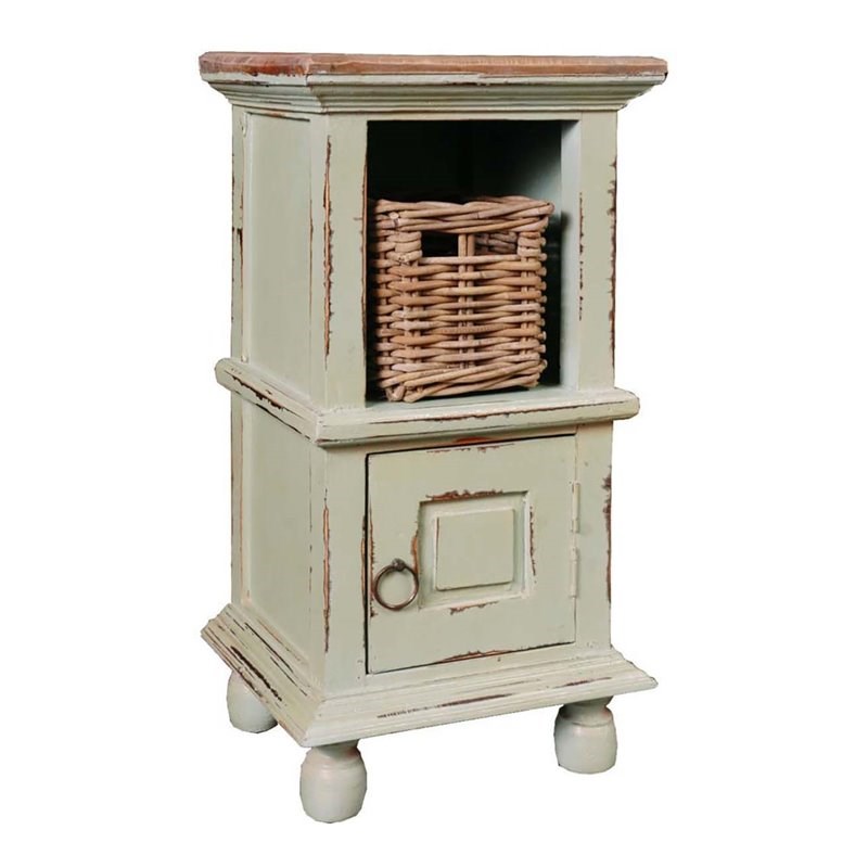 Sunset Trading Cottage Transitional Wood End Table with Basket in Pastel Green